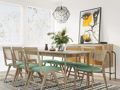 Modern Dining Table Set With Woven Back Chairs Green Cushions And Abstract Wall Art 3d model