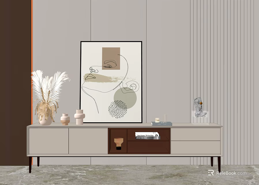 Elegant Modern TV Stand With Storage Drawers Decorative Vase And Abstract Wall Art 3d model 