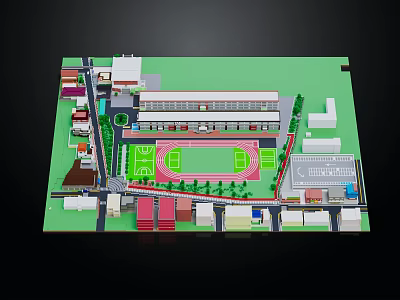 Vibrant Cartoon Scenario With Green Sports Field Surrounding Buildings Trees And Roads 3d model