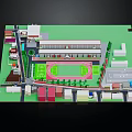 Vibrant Cartoon Scenario With Green Sports Field Surrounding Buildings Trees And Roads