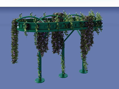 Cafeteria Outdoor Space with Green Pergola Adorned by Hanging Vines and Purple Flowers 3d model