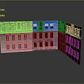 Vintage Multi Storey Corner Building Model With Colored Brick Walls And Windows