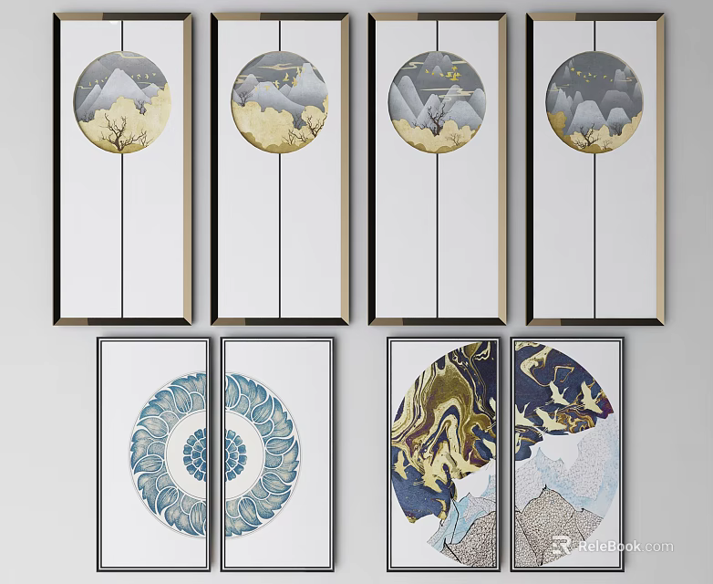 Chinese Style Wall Art With Circular Designs Mountain Patterns And Golden Frames 3d model