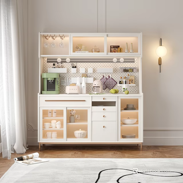 Modern Kitchen Sideboard With Storage Cabinets Drawers And Open Display Shelves 3d model