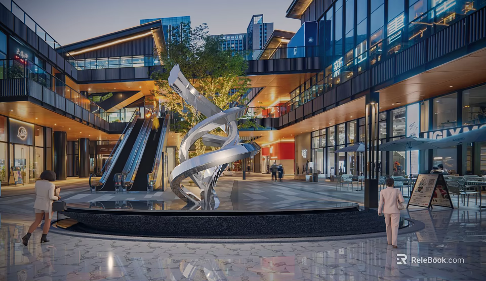 Modern Urban Commercial Street With Glass Facades Sculpture Escalators And Evening Pedestrians 3d model 