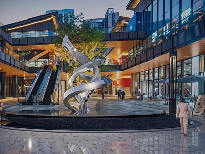 Modern Urban Commercial Street With Glass Facades Sculpture Escalators And Evening Pedestrians 3d model