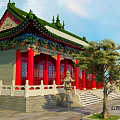 Traditional Chinese Ancient Architecture With Red Pillars Green Roof Carved Eaves And Stone Incense Burner