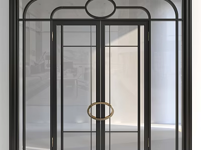 Sleek Modern Double Doors With Black Frame Clear Glass Panels And Golden Handle Accent 3d model