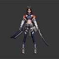 Female Game Movie Character Wearing Red Blue Combat Outfit With Sword And Mechanical Boots