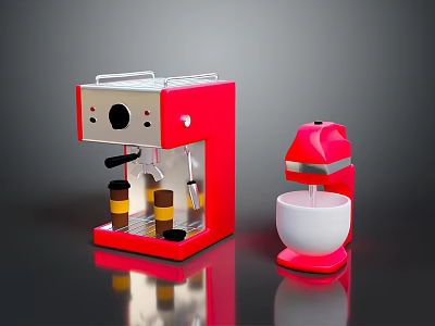 Red Coffee Maker And Blender With Cups As Modern Home Kitchen Electronic Appliances 3d model