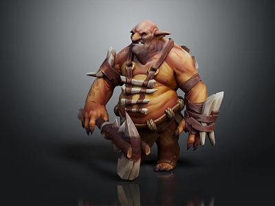 Muscular Orc Warrior Character With Bone Decorated Armor Tusked Face And Axe Weapon 3d model