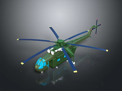 Green Helicopter Model With Blue Rotors And Yellow Tips Detailed Design 3d model