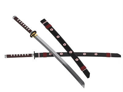 Traditional Japanese Katana Weapon With Black Scabbard Red Decorations White Patterns And Gold Handle Accents 3d model