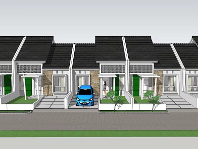 Modern Townhouse Exterior Design With Black Roofs Green Doors Blue Car And Front Plants 3d model