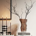 Decorative Ornament Set With Textured Vase Twig Branches And Candle Holders