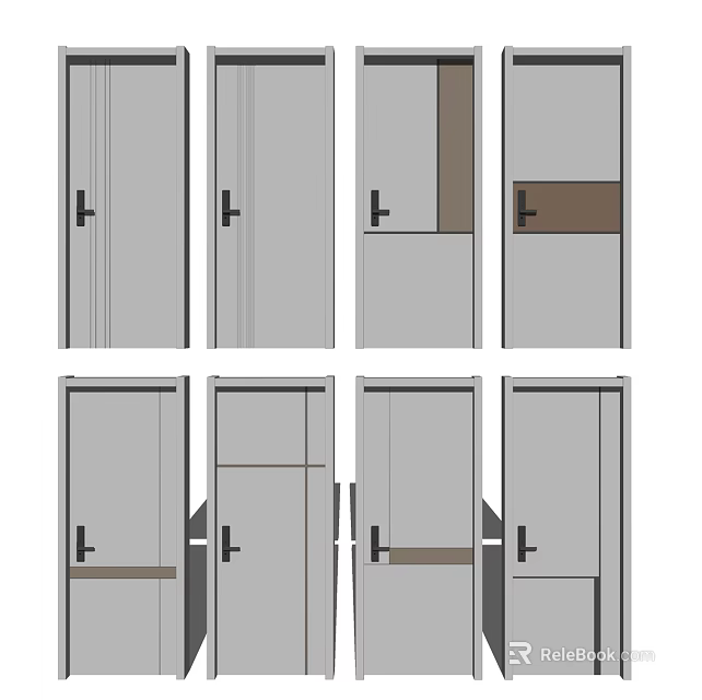 Modern Hinged Doors Featuring Various Panel Designs And Metal Handles 3d model