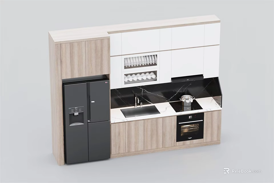 Modern Kitchen Cabinets With White And Natural Wood Finish Black Refrigerator Sink And Cooktop 3d model 