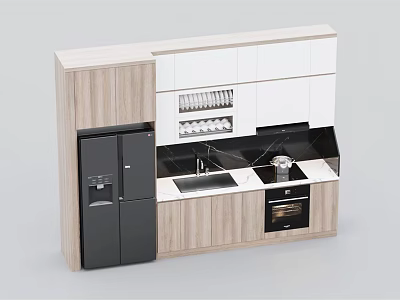 Modern Kitchen Cabinets With White And Natural Wood Finish Black Refrigerator Sink And Cooktop 3d model