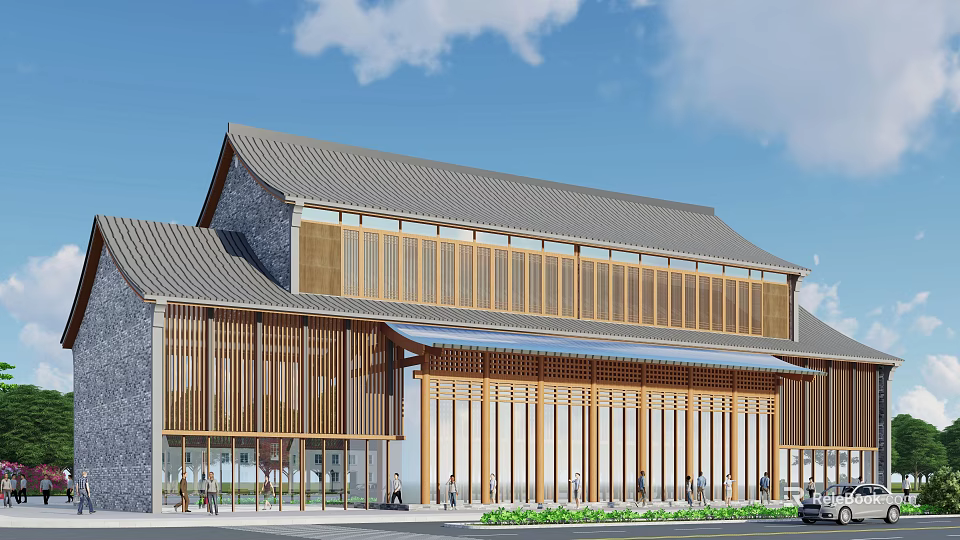 Office Building With Traditional Sloped Roof Wooden Grilles Glass Curtain Wall And Modern Design 3d model 