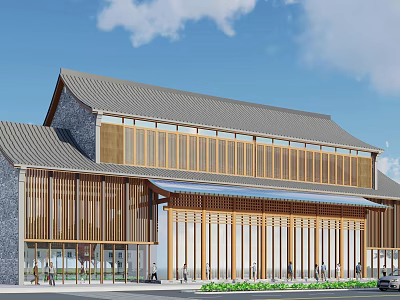 Office Building With Traditional Sloped Roof Wooden Grilles Glass Curtain Wall And Modern Design 3d model
