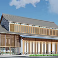 Office Building With Traditional Sloped Roof Wooden Grilles Glass Curtain Wall And Modern Design