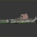 Architectural Model of Ruined Structure With Red Roof Green Grass and Stone Walls