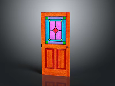 Orange Wooden Hinged Door With Stained Glass Panel Featuring Blue Pink Green And Star Design 3d model