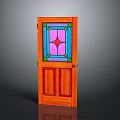 Orange Wooden Hinged Door With Stained Glass Panel Featuring Blue Pink Green And Star Design