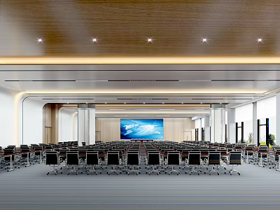 Modern Spacious Conference Room With Wooden Ceiling Lighting Large Screen And Black Chairs 3d model