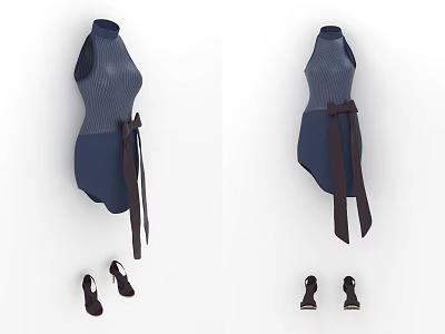 Stylish Sleeveless Striped Blue Dress With Brown Belt And Black Shoes Outfit 3d model
