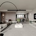 Modern Living Dining Room Interior With TV Sofa Dining Table Pendant Light And City View
