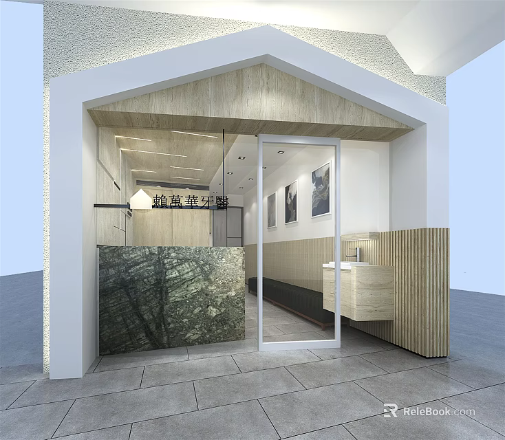 Modern Mall Store Entrance Featuring Wooden Structure Glass Door Reception Counter And Decorative Paintings 3d model 