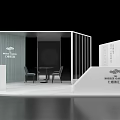 Modern Exhibition Booth Design With White Structure Tables Chairs And Brand Logo