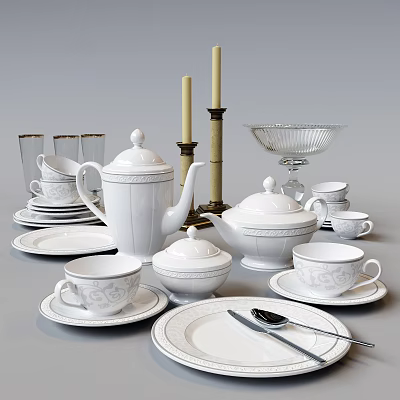 Elegant White Dinnerware Set With Teapot Cups Plates And Candle Holders 3d model