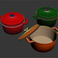 Colorful Kitchen Cooking Pots With Red Green Orange Bodies And Open Lid