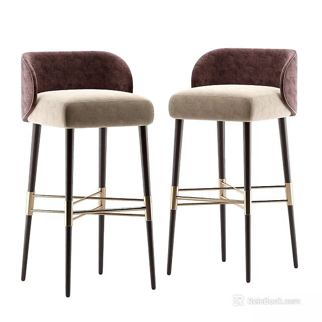 Modern Bar Stools with Brown Backrest Beige Upholstered Seat Black Metal Legs Gold Accent Bars 3d model 