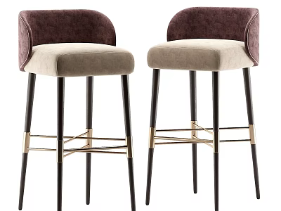Modern Bar Stools with Brown Backrest Beige Upholstered Seat Black Metal Legs Gold Accent Bars 3d model