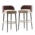 Modern Bar Stools with Brown Backrest Beige Upholstered Seat Black Metal Legs Gold Accent Bars