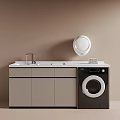 Modern Bathroom Interior With Integrated Washbasin Round Mirror Cabinets And Black Washing Machine
