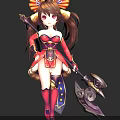 Horned Fantasy Creature Character With Twin Ponytails Red Golden Outfit And Decorative Weapon