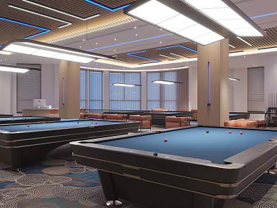 Billiard Room Interior with Blue Felt Tables Modern Lighting and Ceiling Design 3d model