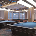 Billiard Room Interior with Blue Felt Tables Modern Lighting and Ceiling Design