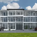 Modern Guesthouse Building With White Exterior Large Glass Windows Green Lawn And Mountain View
