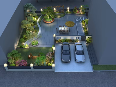 Modern Courtyard Garden Design With Lush Plants Landscape Lights Outdoor Dining Set And Car Parking 3d model