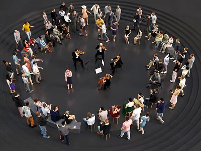 Group of People Gathered in a Circle with Musicians Playing Instruments 3d model