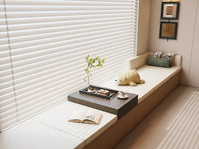 Cozy Bench Style Bay Window With White Blinds Tray Green Plant Teacup Book And Stuffed Toy 3d model