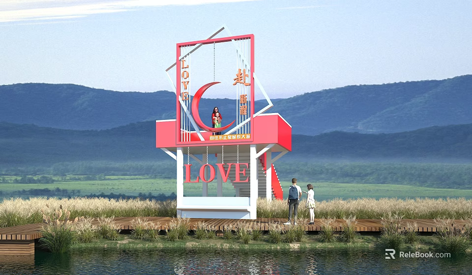 Red Observation Deck With LOVE Signage Mountain Waterfront Grassland View 3d model 