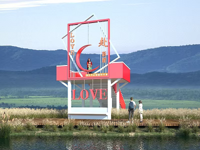 Red Observation Deck With LOVE Signage Mountain Waterfront Grassland View 3d model