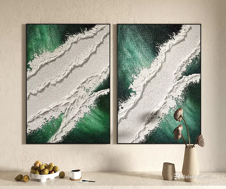 Green And White Textured Abstract Paintings For Living Room Wall Decor 3d model