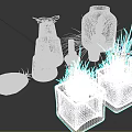 Green Leafy Plants And Grass In Transparent Glass Containers With Wooden Base